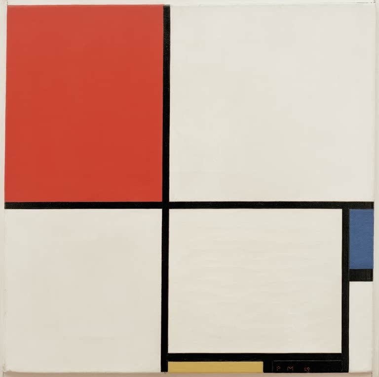 Piet Mondrian Komposition Nr. III Kunstkopie, großes rotes Feld mit blauem und gelbem Akzent und schwarzen Linien