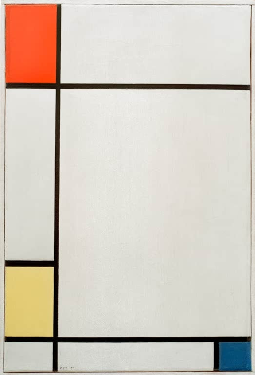 Piet Mondrian Komposition Nr. III mit Rot, Gelb und Blau Kunstkopie, drei Farbfelder im Raster aus feinen Linien