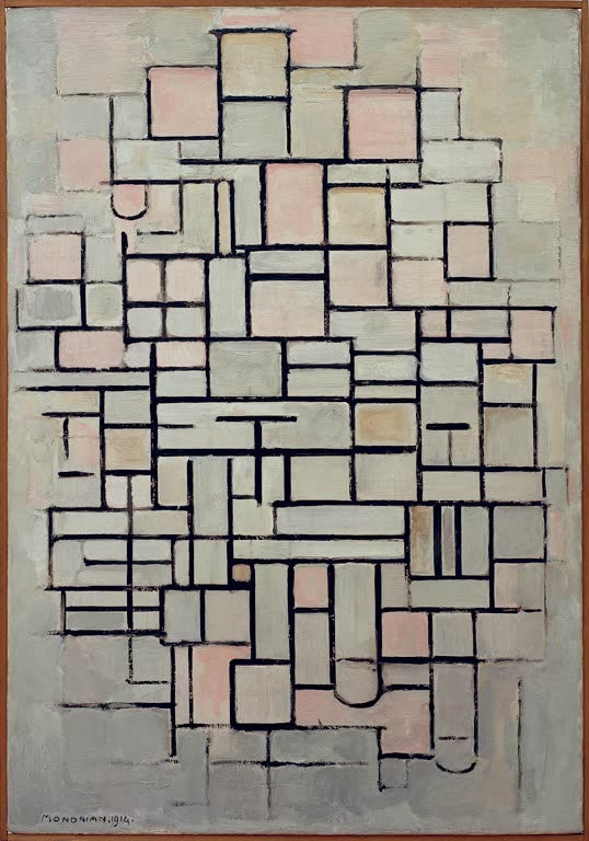 Piet Mondrian Komposition Nr. IV Kunstkopie, rosa und graue Rechtecke in einem Geflecht aus schwarzen Linien