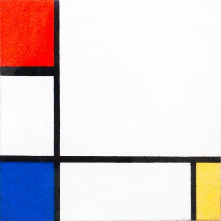 Piet Mondrian Komposition Nr. IV mit Rot, Blau und Gelb Kunstkopie, drei Farbfelder um weiße Flächen und schwarze Linien