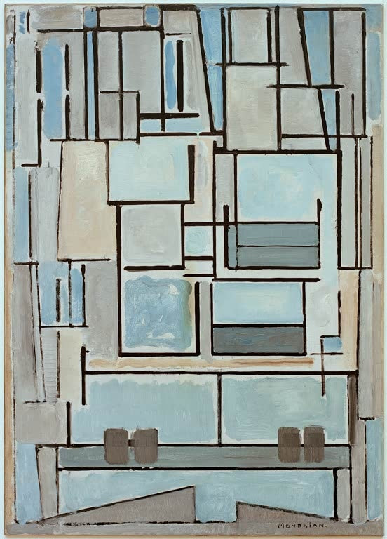 Piet Mondrian Blaue Fassade Kunstkopie, helle Blau- und Grautöne in einem Gefüge aus dunklen Linien und Flächen