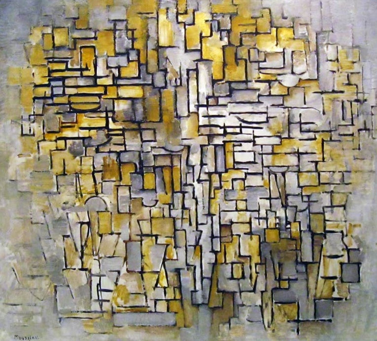 Piet Mondrian Komposition Nr. VII Kunstkopie, dichtes Raster aus gelben und grauen Feldern mit dunklen Linien