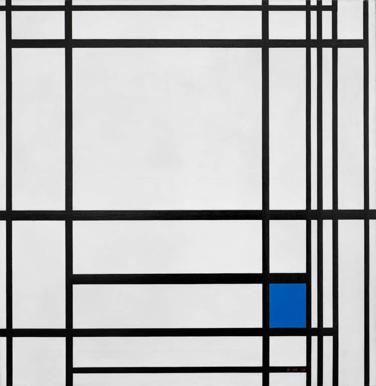 Piet Mondrian Komposition von Linien und Farbe III Kunstkopie, Linien auf hellem Grund mit blauem Rechteck unten rechts