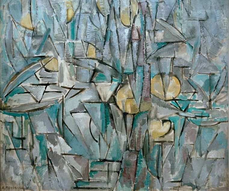 Piet Mondrian Komposition X Kunstkopie, kubistisches Geflecht aus grauen, türkisfarbenen und gelben Facetten