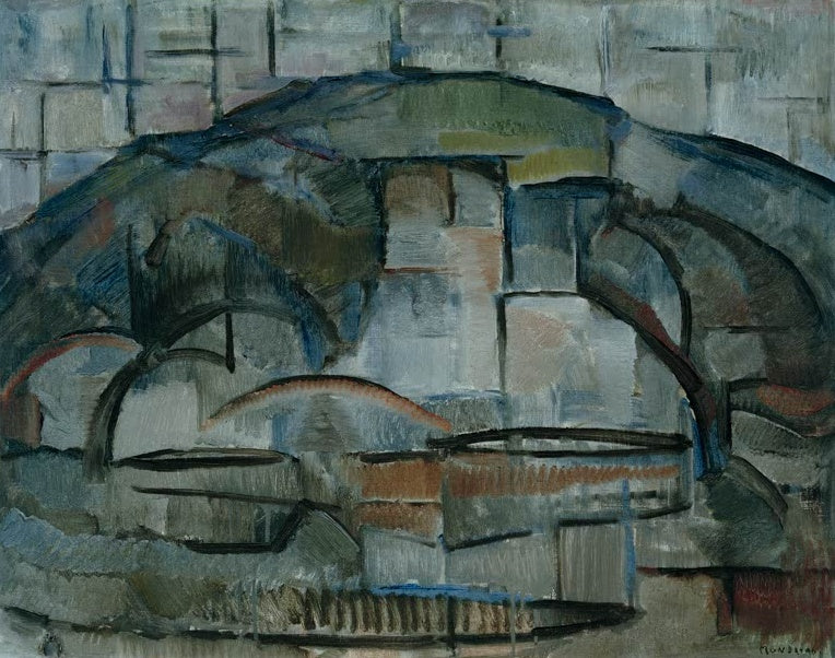 Piet Mondrian Landschaft Kunstkopie, kubistisch zerlegte Hügelform mit Bögen in Grau, Blau und gedämpftem Ocker