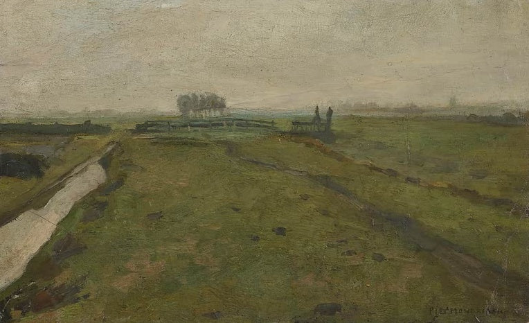 Piet Mondrian Landschaft bei Amsterdam Kunstkopie, flaches Weideland mit Graben und Baumgruppe unter dunstigem Himmel