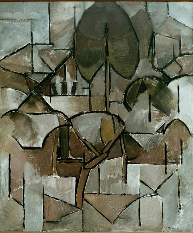 Piet Mondrian Landschaft mit Bäumen Kunstkopie, kubistisch zerlegte Baumkronen in Braun- und Grautönen