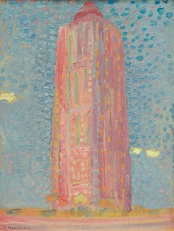 Piet Mondrian Leuchtturm bei Westkapelle Kunstkopie, rosafarbener Turm vor blaugrauem Himmel aus kurzen Farbtupfern