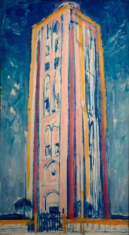 Piet Mondrian Leuchtturm bei Westkapelle Kunstkopie, hoher heller Turm mit gelben Kanten vor tiefblauem Himmel