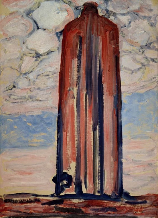 Piet Mondrian Leuchtturm in Westkapelle Kunstkopie, roter Turm mit dunklen Streifen vor rosa Wolkenhimmel
