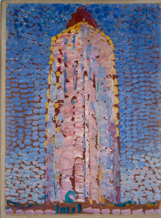 Piet Mondrian Leuchtturm in Westkapelle Kunstkopie, rosafarbener Turm vor blauem Himmel aus kleinen Farbtupfern