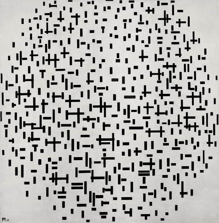 Piet Mondrian Linienkomposition Kunstkopie, kreisförmig angeordnete schwarze Striche und Kreuze auf hellem Grund