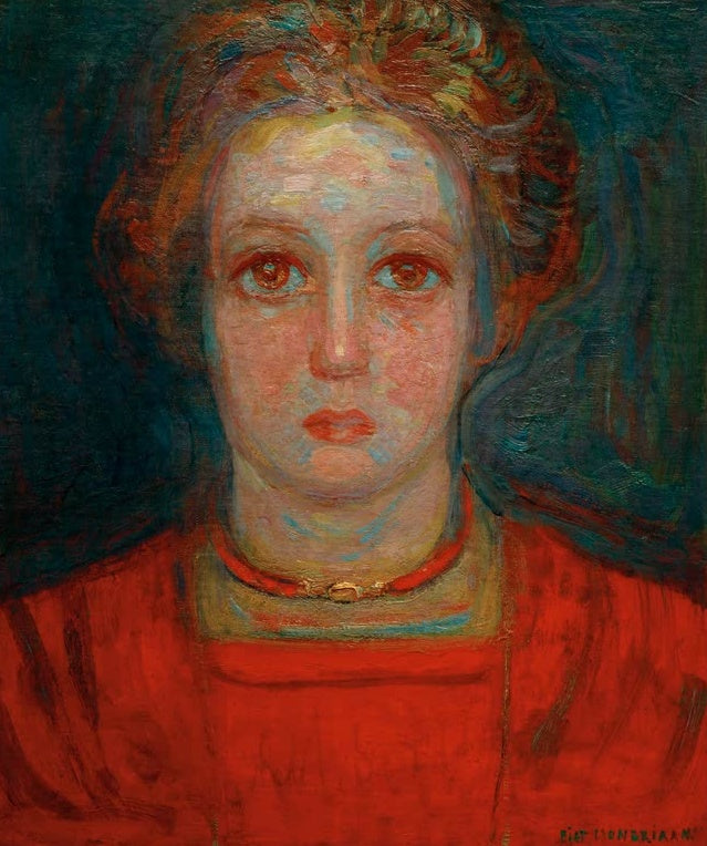 Piet Mondrian Mädchenporträt Kunstkopie, frontales Brustbild eines Mädchens in rotem Kleid vor dunkelgrünem Grund