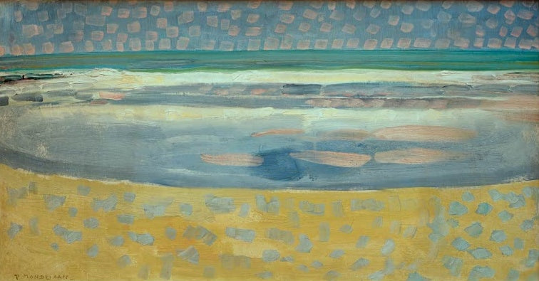Piet Mondrian Meer bei Sonnenuntergang Kunstkopie, gelber Strand mit blauen Tupfen, ruhiges Wasser und getüpfelter Himmel