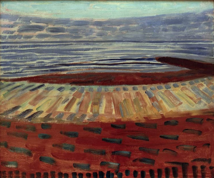 Piet Mondrian Meer nach Sonnenuntergang Kunstkopie, rot und ockerfarbener Strand vor blauem Meer und Wolkenhimmel
