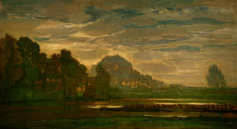 Piet Mondrian Moor bei Saasveld Kunstkopie, dunkle Baumgruppe an stillem Wasser unter goldenem Wolkenhimmel