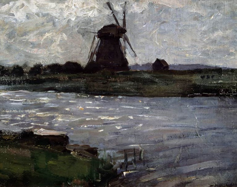 Piet Mondrian Mühle am Wasser Kunstkopie, dunkle Windmühle und Haus am Horizont über einem bewegten grauen Fluss