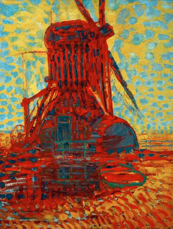 Piet Mondrian Mühle im Sonnenlicht Kunstkopie, rot leuchtende Windmühle vor gelbem Himmel mit blauen Farbtupfern