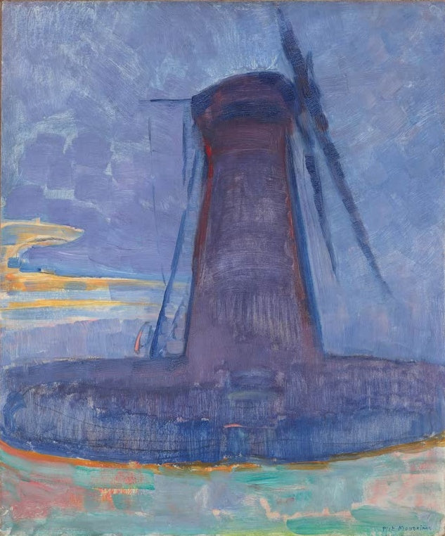Piet Mondrian Mühle in Domburg Kunstkopie, violettblaue Windmühle vor bewegtem blauem Himmel mit türkisem Vordergrund