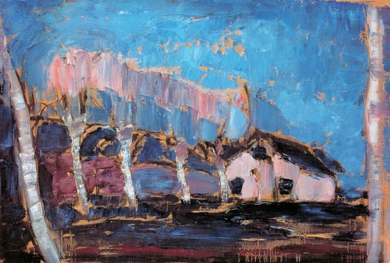 Piet Mondrian Nachtlandschaft Kunstkopie, Bauernhaus und Birkenstämme unter tiefblauem Himmel mit rosa Lichtschein