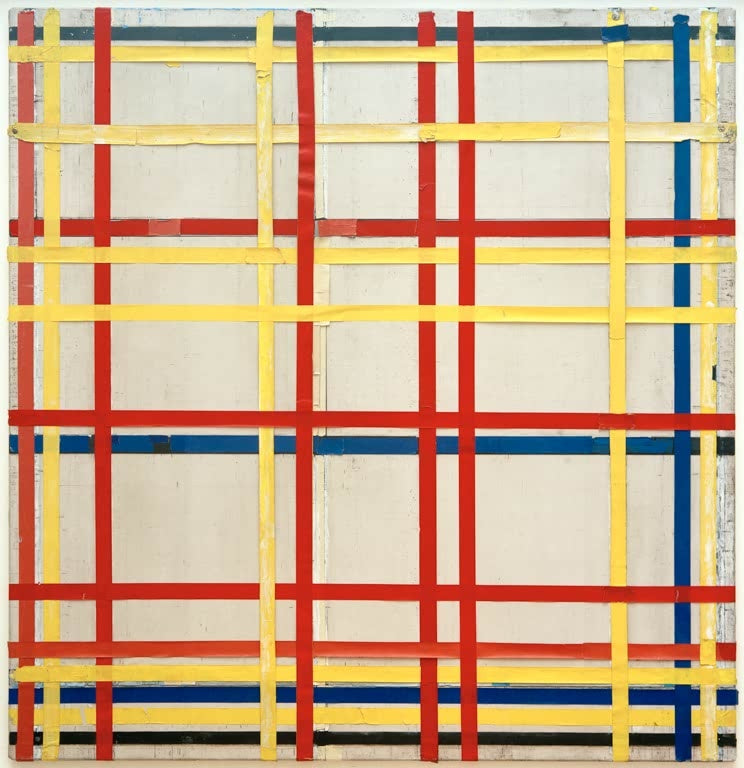Piet Mondrian New York City 1 Kunstkopie, rote, gelbe und blaue Klebestreifen bilden ein Raster auf hellem Grund
