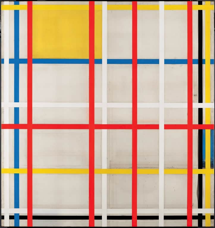 Piet Mondrian New York City 3 Kunstkopie, dichtes Raster aus roten, blauen, gelben und weißen Bändern auf hellem Grund