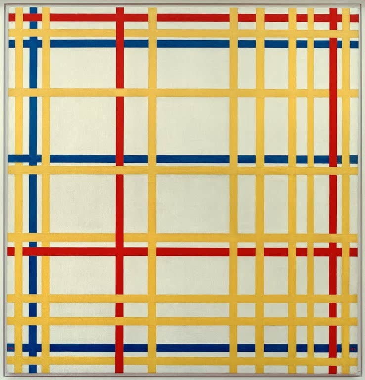 Piet Mondrian New York City I Kunstkopie, gelbe, rote und blaue Linien kreuzen sich auf hellem Grund wie ein Stadtraster