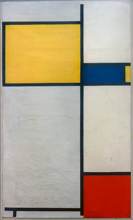 Piet Mondrian Ohne Titel Kunstkopie, hochformatige Komposition mit gelber, blauer und roter Fläche in schwarzen Linien