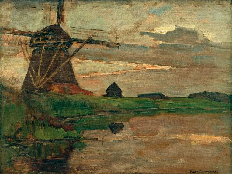 Piet Mondrian Oostzijder Mühle Kunstkopie, dunkle Windmühle am Wasser mit grünem Ufer und Wolken im warmen Abendlicht
