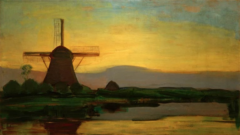 Piet Mondrian Oostzijder Mühle am Abend Kunstkopie, Windmühle vor gelb leuchtendem Abendhimmel am Wasser