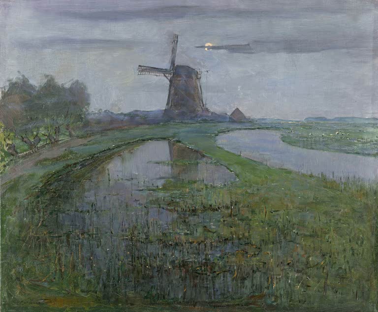 Piet Mondrian Oostzijder Mühle am Gein bei Mondschein Kunstkopie, Windmühle über nächtlichem Wasser und grünem Ufer