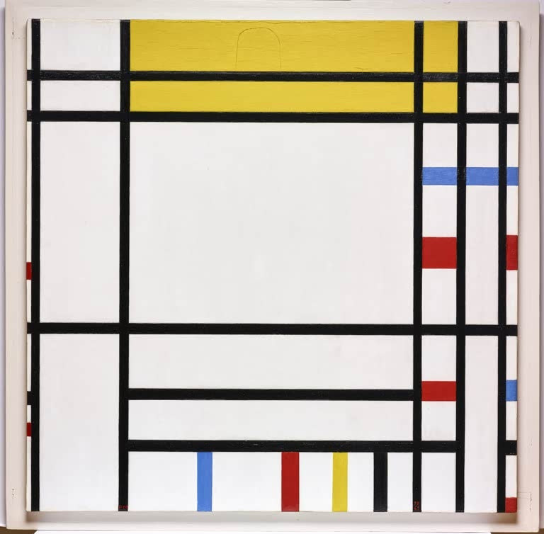 Piet Mondrian Place de la Concorde Kunstkopie, Linienraster mit gelbem Band und kleinen roten und blauen Feldern