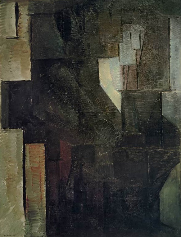 Piet Mondrian Porträt einer Dame Kunstkopie, kubistische Komposition aus dunklen, gedeckten Flächen in Schwarz und Braun