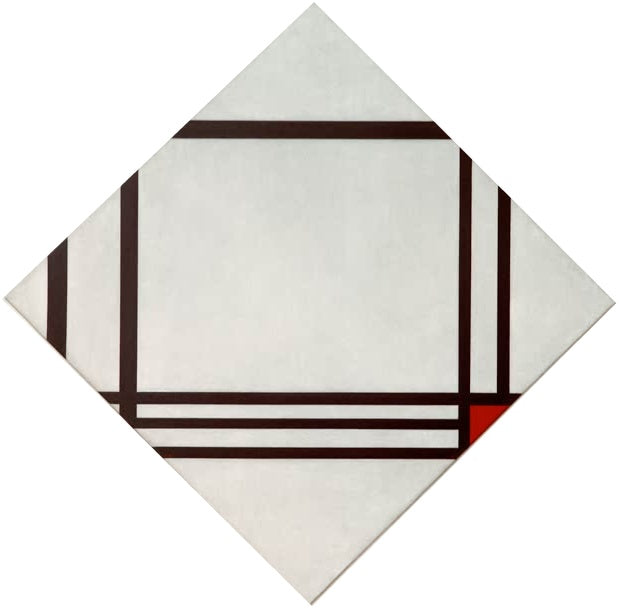 Piet Mondrian Rautenkomposition mit acht Linien und Rot Kunstkopie, schwarze Linien auf weißer Raute mit rotem Eck