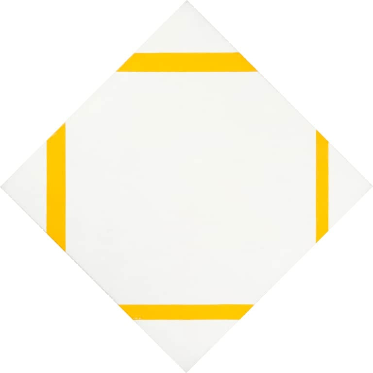 Piet Mondrian Rautenkomposition mit vier gelben Linien Kunstkopie, vier gelbe Balken auf weißer Raute