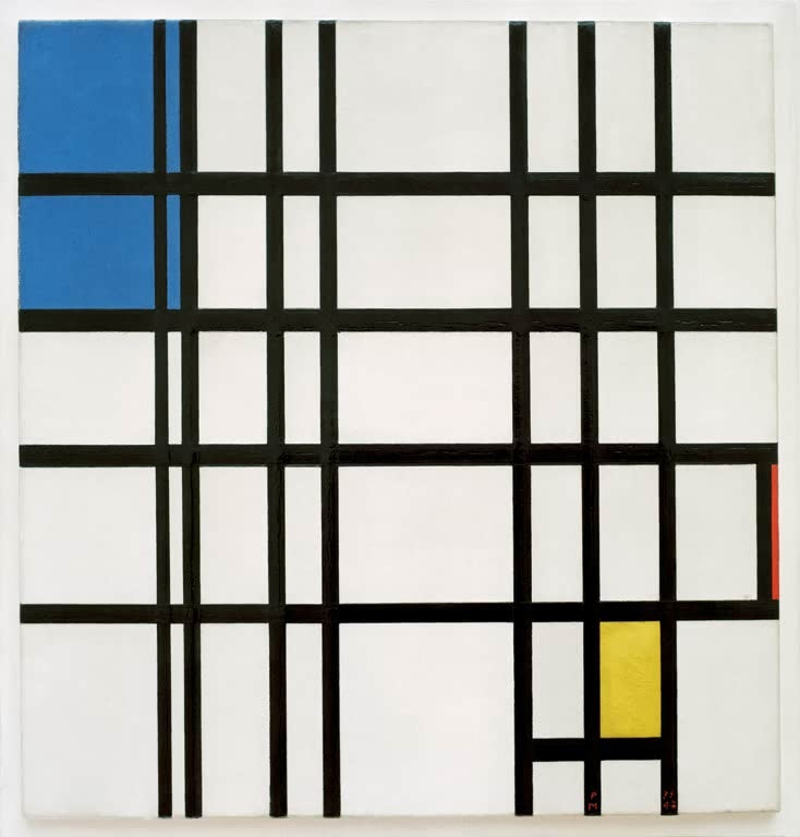 Piet Mondrian Rhythmus der geraden Linien Kunstkopie, dichtes Gitter schwarzer Linien mit blauem, gelbem und rotem Feld