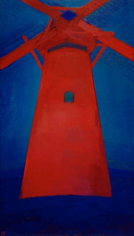 Piet Mondrian Rote Mühle in Domburg Kunstkopie, leuchtend rote Windmühle mit Flügeln vor tiefblauem Himmel
