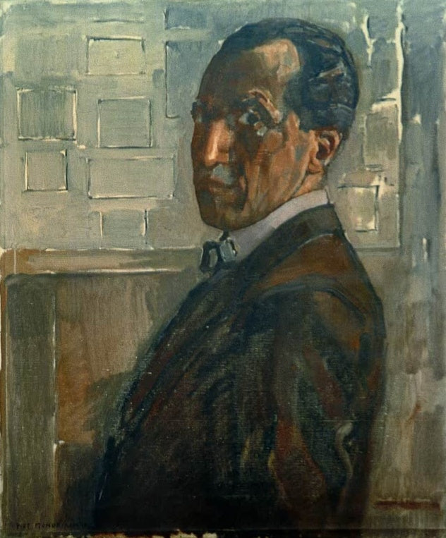 Piet Mondrian Selbstporträt Kunstkopie, Künstler im Dreiviertelprofil vor einem Hintergrund aus grauen Rechteckfeldern
