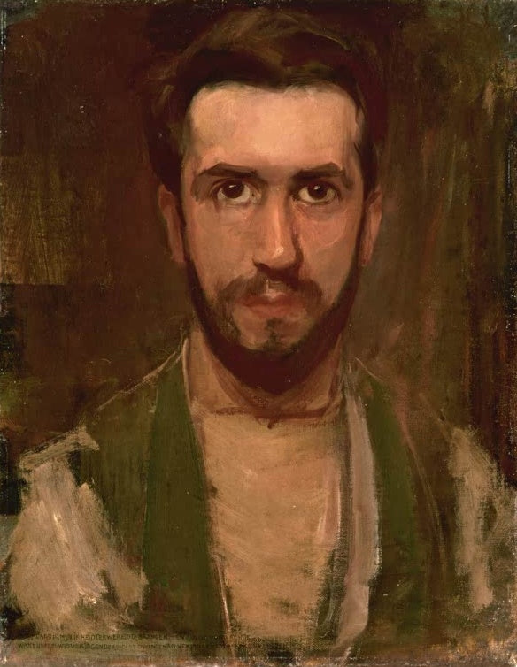 Piet Mondrian Selbstporträt Kunstkopie, bärtiger junger Mann mit dunklem Haar und wachem Blick vor braunem Hintergrund