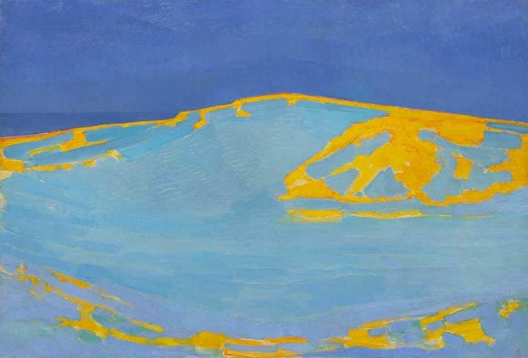 Piet Mondrian Sommer, Düne in Zeeland Kunstkopie, hellblaue Düne mit gelben Sandflächen unter tiefblauem Himmel