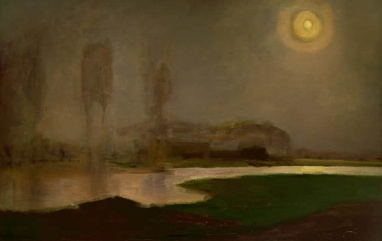 Piet Mondrian Sommernacht Kunstkopie, heller Mond mit Lichthof über einem Hof, Bäumen und stillem Wasser im Dunst