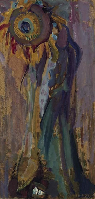Piet Mondrian Sterbende Sonnenblume I Kunstkopie, welke Blüte mit gesenktem Kopf in Braun, Ocker und Blaugrün