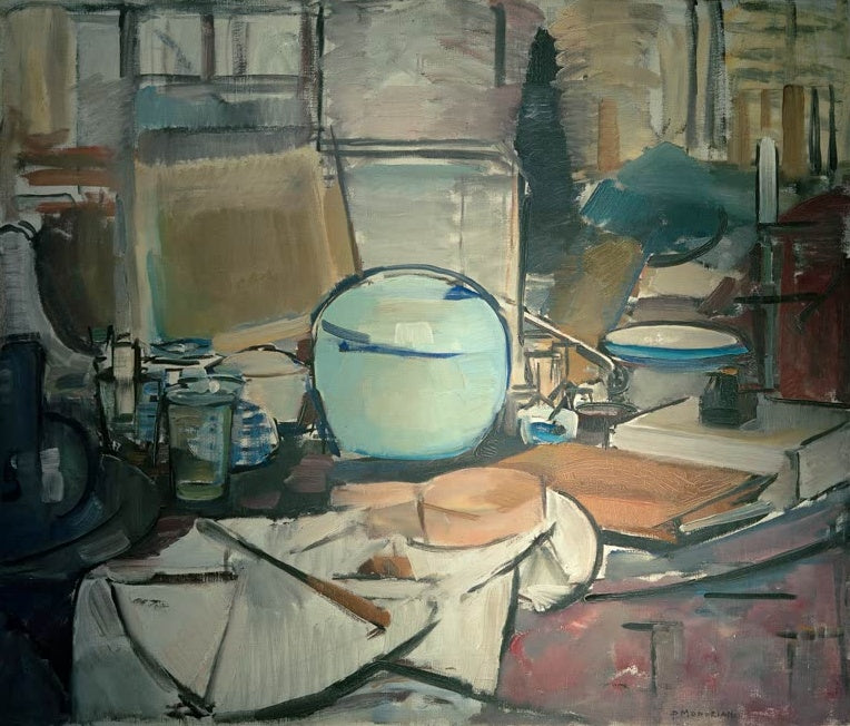 Piet Mondrian Stillleben mit Ingwertopf I Kunstkopie, heller blauer Ingwertopf zwischen Gefäßen und einem weißen Tuch