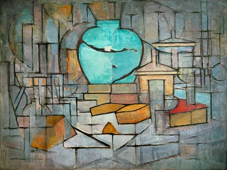 Piet Mondrian Stillleben mit Ingwertopf II Kunstkopie, türkisfarbener Topf im Geflecht aus grauen und ockerfarbenen Flächen