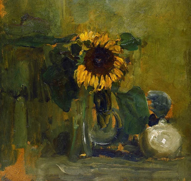 Piet Mondrian Stillleben mit Sonnenblume Kunstkopie, gelbe Sonnenblume in einem Glas vor olivgrünem Hintergrund
