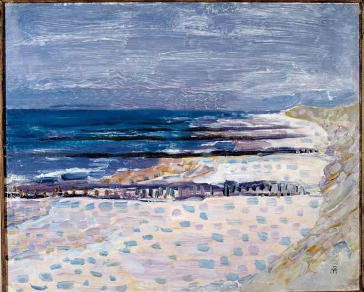 Piet Mondrian Strand von Domburg mit Buhnen Kunstkopie, heller Strand mit Buhnen vor blauem Meer und bewegtem Himmel