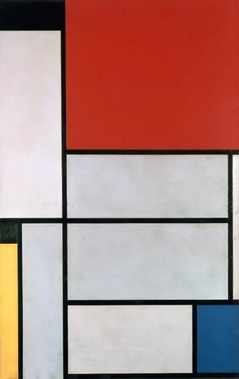 Piet Mondrian Tableau I Kunstkopie, große rote Fläche oben rechts, graue Felder, gelber Streifen und blaues Rechteck
