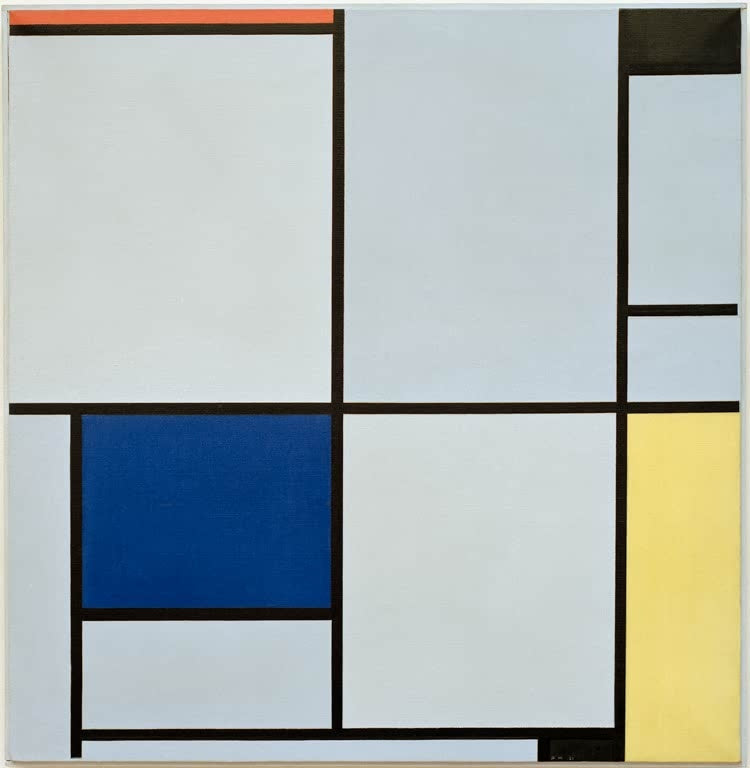 Piet Mondrian Tableau I Kunstkopie, blaugraue Felder mit schwarzen Linien, blauem Quadrat sowie roten und gelben Akzenten
