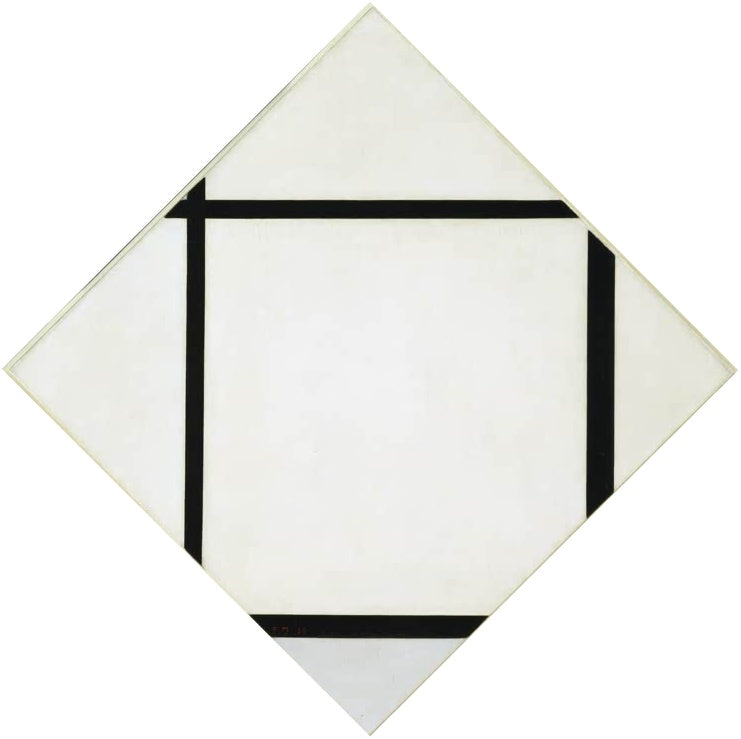 Piet Mondrian Tableau I Kunstkopie, weiße Raute mit vier schwarzen Balken und einem grauen Eckfeld unten