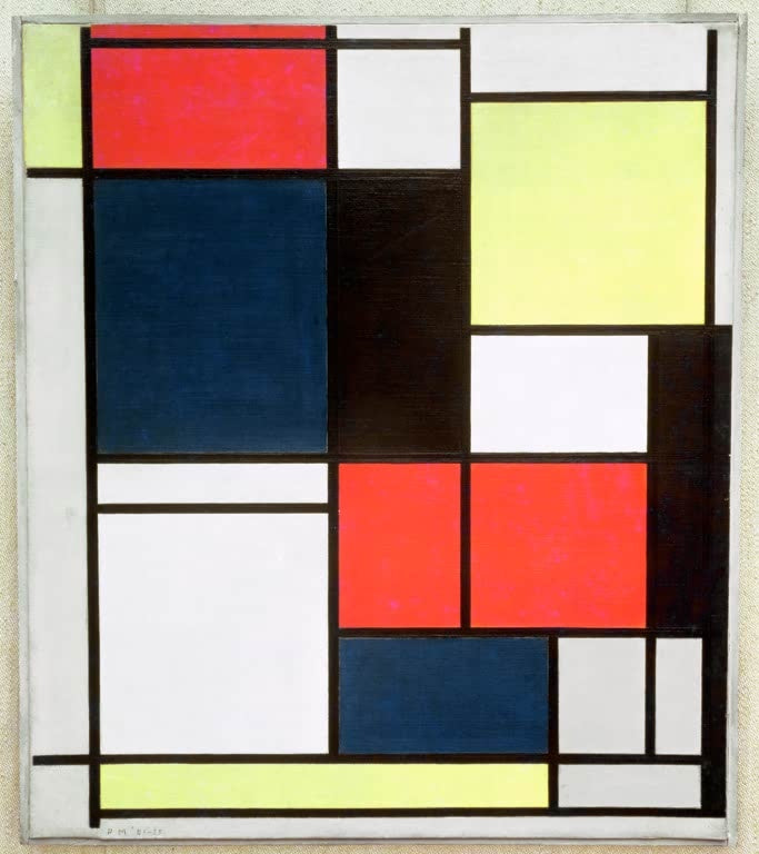 Piet Mondrian Tableau II Kunstkopie, buntes Raster aus roten, blauen, schwarzen, gelben und weißen Feldern